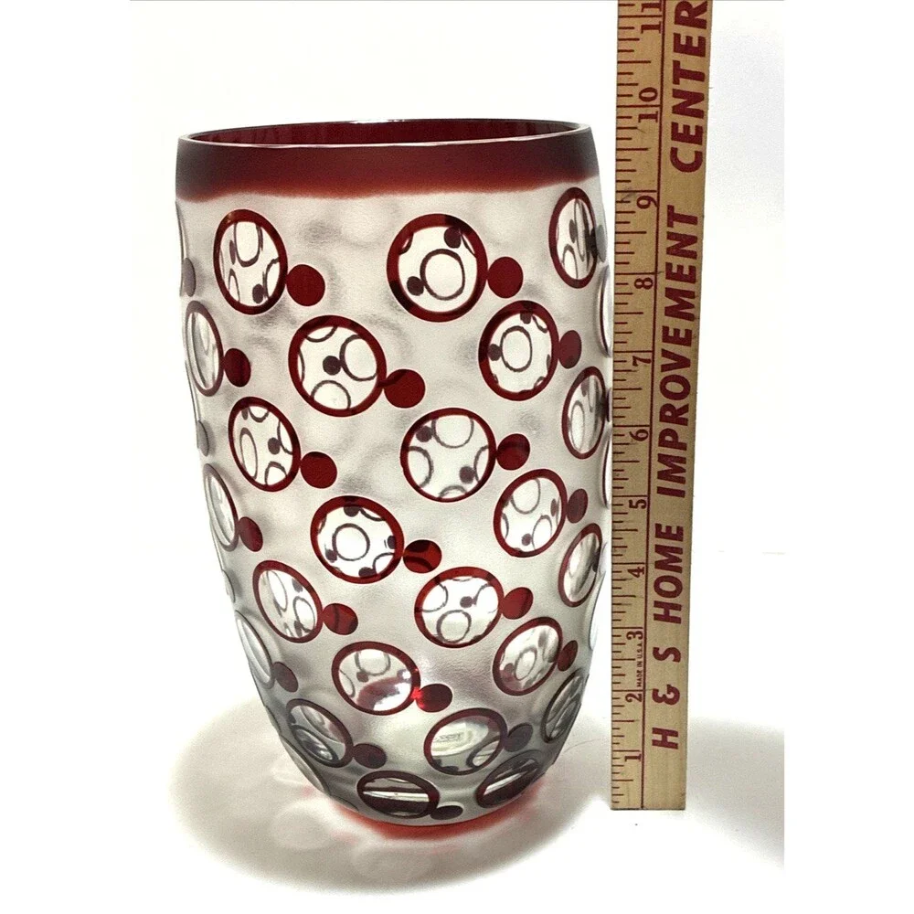 TOZAI Frosted Art Glass Vase with Maroon Circles - Statement Piece